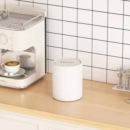Mini Desk Trash Can with Lid for Desk,0.4 Gallon Brushed Stainless Steel Countertop Trash Can with Lid for Desktop Car Office Kitchen, Swing Top Trash Bin with a Roll of Trash Bag（White）