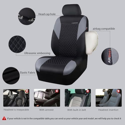 CAR PASS Ultrasonic Embossing Cloth Universal Seat Covers-Breathable Car Seat Cover with 5mm Composite Sponge Inside,Airbag Compatible,2zipper Bench for Sedan,SUV,Truck(Black and Gray,Full Set) - color: Black and Gray