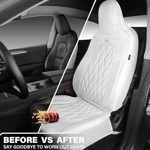CAR PASS Nappa Leather High Back Front Seat Covers, Tesla Model 3 Model Y Breathable Faux Leather Front Bucket Seat Covers, Anti-Slip Airbag Compatible Universal Fit for Sedan SUV Van Truck, White - color: White High Back, size: Two Front