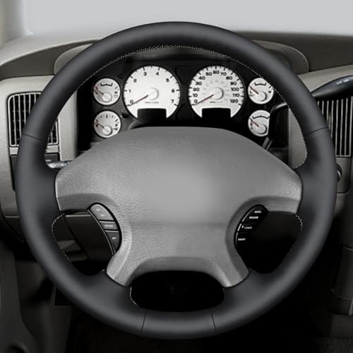 MEWANT Hand Stitch Black Smooth Real Leather Steering Wheel Cover for Dodge Ram 1500 2002-2003 Ram 1500 Truck Accessory - color: Black Smooth Real Leather&Grey Thread