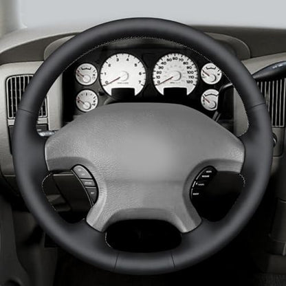 MEWANT Hand Stitch Black Smooth Real Leather Steering Wheel Cover for Dodge Ram 1500 2002-2003 Ram 1500 Truck Accessory - color: Black Smooth Real Leather&Grey Thread