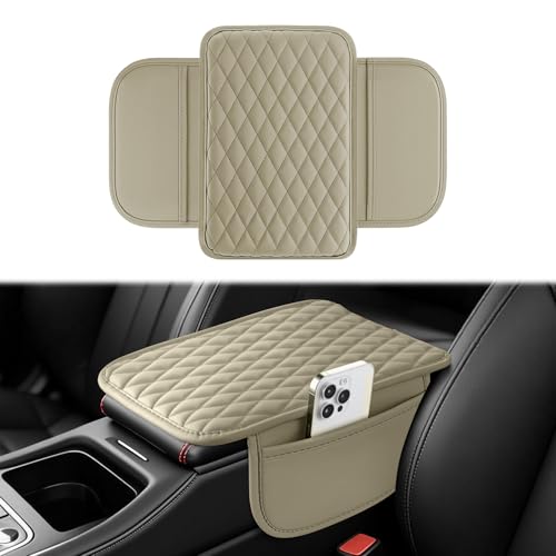 Amiss Car Center Console Cover, Leather Car Armrest Cushion with 2 Storage Pockets, Universal Waterproof Cushion Pad, Non-Slip Car Interior Accessories, Fits Most Sedans SUVs Trucks (Light Beige) - color: light beige, size: With Storage