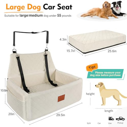Dog Car Seat for Large Medium Dogs,Washable Pet Carseat Under 55 lbs or 2 Small Dogs,Dog Booster Seat Travel Bed with Thick Cushion,2 Safety Leashes - color: White