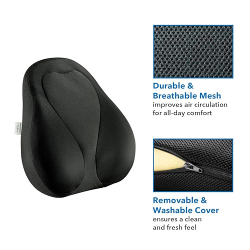 Mount-It! Office Chair Cushion, Lumbar Support Pillow for Office Chair, Back Support for Work, Office, Gaming with Memory Foam Filling for Back Pain Relief, Improve Posture, Black with Washable Cover