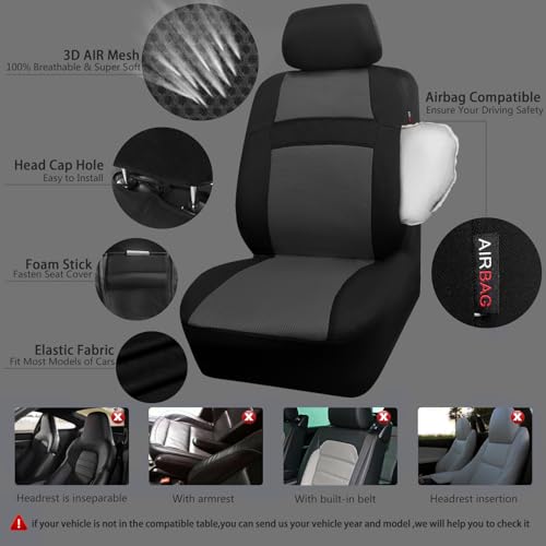 CAR PASS 3D Air Mesh Car Seat Covers Full Sets w/5mm Sponge, 4Pcs Waterproof Car Floor Mats, Steering Wheel Cover Universal Fit for SUV Sedan Truck, Airbag Compatible Automotive Interior(Black Gray) - color: Gray Combo
