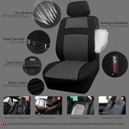 CAR PASS 3D Air Mesh Car Seat Covers Full Sets w/5mm Sponge, 4Pcs Waterproof Car Floor Mats, Steering Wheel Cover Universal Fit for SUV Sedan Truck, Airbag Compatible Automotive Interior(Black Gray) - color: Gray Combo