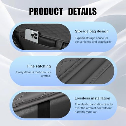 Arm Rest Cover for Car, Leather Padding Center Console Cover with 2 Storage Bags, Reduces Elbow Pressure Vehicle Armrest Protector, Thick Armrest Cushion for Car, SUV, Sedan, Truck, Black