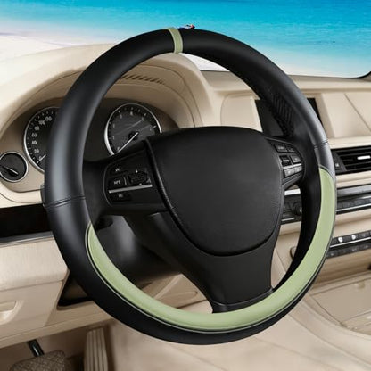 Black Avocado Green Car Steering Wheel Cover, Nappa Leather, Bottom Color Blocking, Universal 14.5-15 Inch Leather Anti-Slip Breathable Auto Steering Wheel Covers for Men Women - color: Black Avocado Green