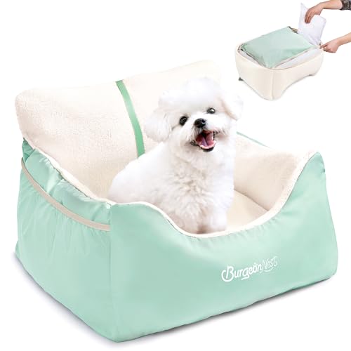 BurgeonNest Dog Car Seat for Small Dogs, Detachable and Washable Cat Carseats Under 25 lbs, Soft Pet Booster Seats with Storage Pockets and Clip-On Leash Portable Car Travel Carrier Bed, Beige Green - color: Beige Green, size: Small