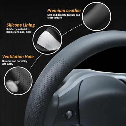 Nappa Leather Steering Wheel Cover Compatible with Tesla Model 3/Y 2016-2025 2026 Juniper/Highland, Non-Slip Breathable Model 3/Y Steering Wheel Protector, Black - color: Black
