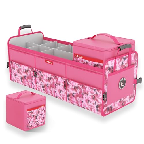 LIBZAKI Car Trunk Organizer,3 Compartments Big Trunk Storage, Large Capacity, Foldable, 95L Heavy Duty Storage Box for Car, SUV, Truck,Includes 26L Cooler Bag -Rose Red Camouflage - color: Rose Red Camouflage