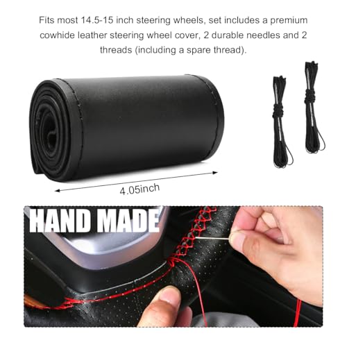 Genuine Leather Steering Wheel Cover, Stitch On Wrap for Steering Wheel up to Diameter 15 Inches, DIY Sewing Steering Wheel Protector, Car Accessories (Black, Glossy) - size: Glossy