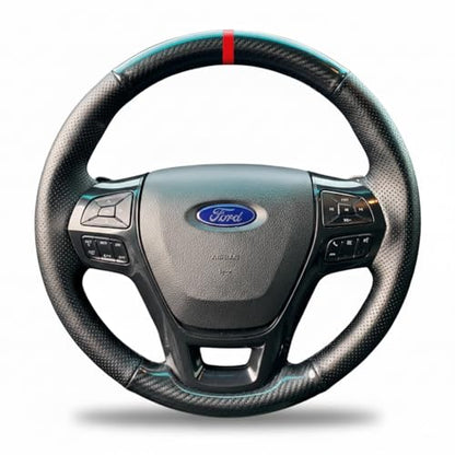 Steering Wheel Cover Hand-Stitch on Black Leather Gloss Carbon Fiber Protector Interior Steering Wheel Wrap for 2016 2017 2018 2019 Ford Explorer Base XLT Limited Platinum Sport