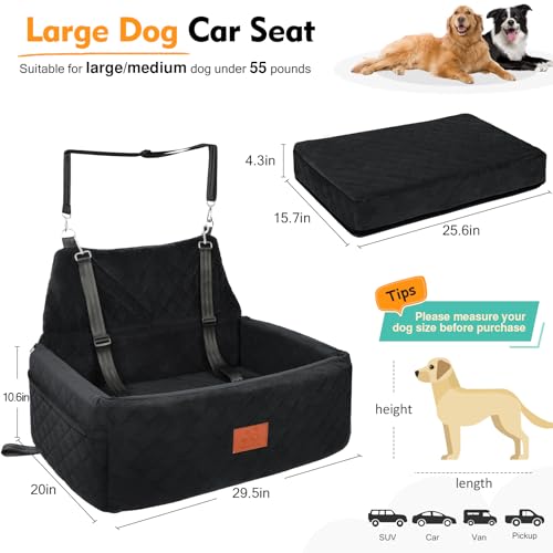 Dog Car Seat for Large Medium Dogs,Portable Washable Pet Car Seat Under 55 lbs,Dog Booster Seat with Thick Cushion,2 Safety Leashes Travel Car Dog Bed - color: Black