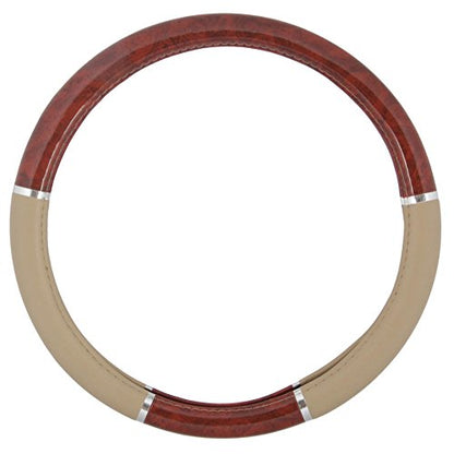 BDK Dark Wood Grain Car Steering Wheel Cover, Standard 15 inch with Beige Faux Leather Grip, Made to Fit Most Auto Truck Van SUV - color: #1-Beige / Dark Wood, size: Fits 14.5 - 15" SW