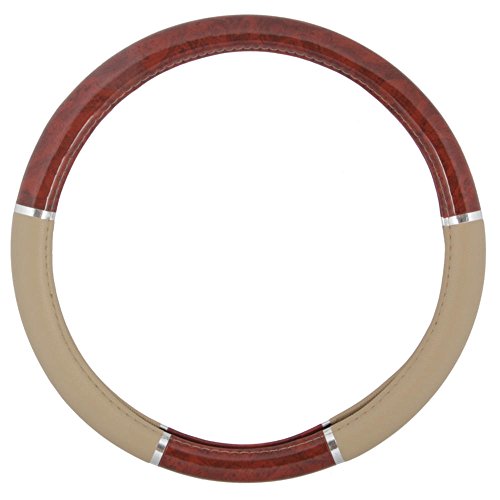 BDK Dark Wood Grain Car Steering Wheel Cover, Standard 15 inch with Beige Faux Leather Grip, Made to Fit Most Auto Truck Van SUV - color: #1-Beige / Dark Wood, size: Fits 14.5 - 15" SW