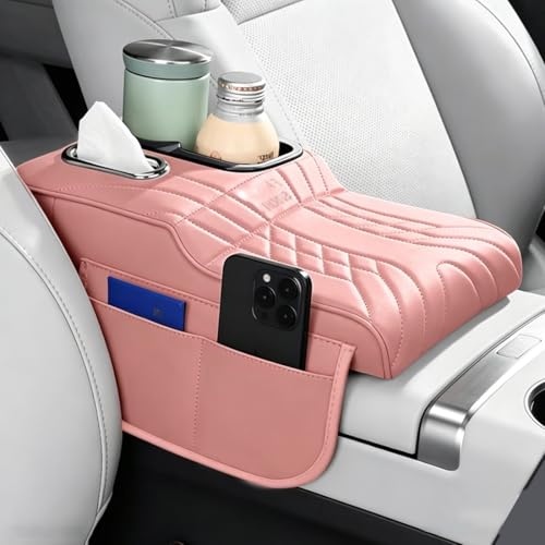 Upgraded Car Center Console Cover,PU Leather Car Armrest Cover Cushion Contains High Elasticity Sponge with Cup Holder,2 Storage Bags Tissue Box (Pink-B) - color: PINK-B