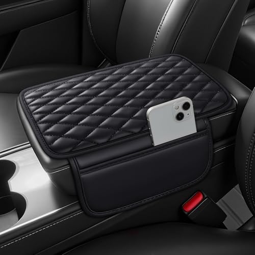 Waterproof Leather Car Center Console Pad with 2 Storage Bags, Auto Armrest Box Cover Protector, Comfortable Interior Accessories for Most Household Cars, Sedans & SUV (Black) - color: Black
