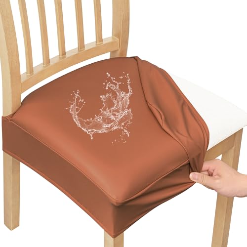 Smiry Waterproof Pu Leather Seat Covers for Dining Room Chairs Set of 2, Stretch Fit Removable Washable Kitchen Chair Seat Slipcovers Protector, No Rear Covers, Light Brown - color: Light Brown, size: Set of 2