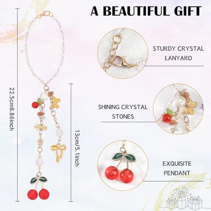 Cherry Bow Rear View Mirror Charm - Gold Crystal Bead Car Suncatcher Pendant, CherrIies Hanging Ornament for Car Accessories, Aesthetic Gift for Women New Driver Friends - style: Cherry Bow