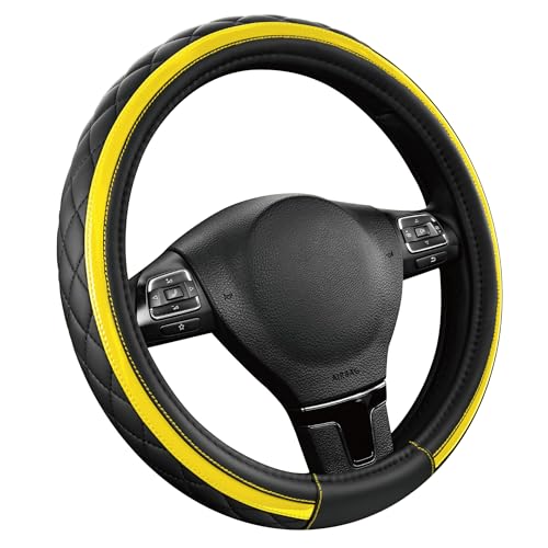 Road Comforts Leather Steering Wheel Cover – Black & Yellow, Universal Fit 14.5-15 Inch, Microfiber Leather, Anti-Slip & Breathable Design for Men and Women - color: Yellow