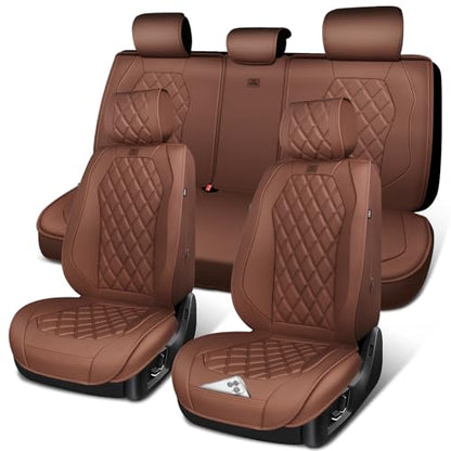 CAR PASS Luxury Nappa Leather Seat Covers Full Set, 3D Rhombus Waterproof Faux Leather Seat Covers, Universal Automotive Seat Cushion Fit for Most Sedan SUV Truck Van, Armrest Airbag Compatible Brown - color: brown