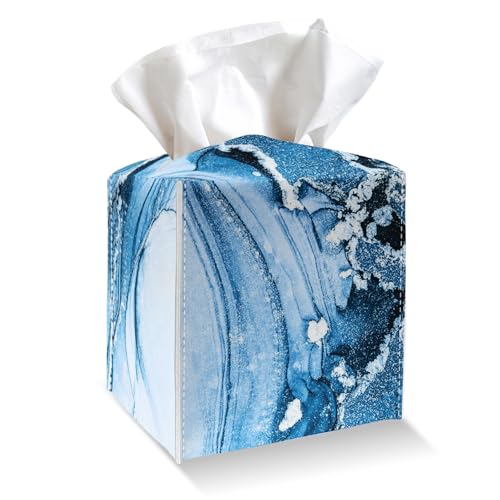 Tissue Box Cover Holder - Blue Marble PU Leather Tissue Box Cover with Bottom Belt, Modern Square Facial Paper Organizer for Tabletop, Bathroom, Kitchen, Car & Office -033 - color: Blue Marble 1