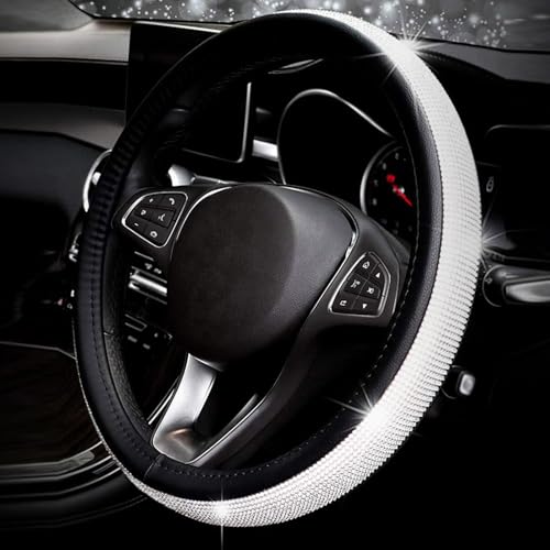 Black Leather Bling Diamond Steering Wheel Cover for Women Universal Fit 14.5in-15in - color: Black