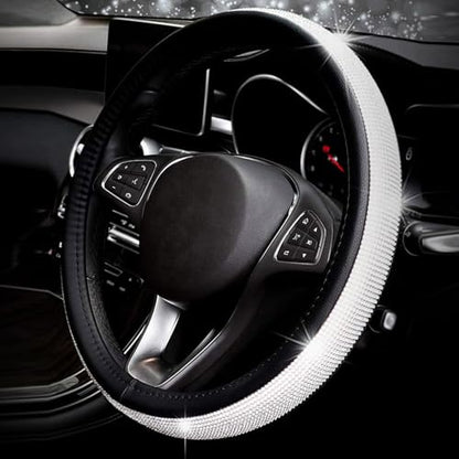 Black Leather Bling Diamond Steering Wheel Cover for Women Universal Fit 14.5in-15in - color: Black