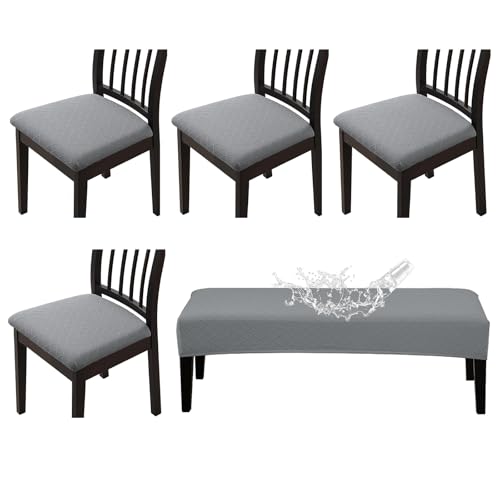CALBODE Waterproof Seat Covers for Dining Room Chairs Set of 4 with Stretch Bench Slipcover Jacquard Chair Covers Removable Washable Kitchen Chair Seat Cushion Protector(Light Gray, 5 PCS) - color: A06light Grey, size: 5 PCS-TPU Waterproof