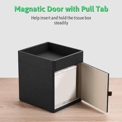 Tissue Box Cover, PU Leather Square Tissue Box Holder with Upper Storage Tray for Bathroom/Countertop/Nightstand/Office Table - Black