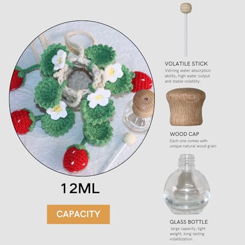 ROFIGL Handmade Crochet Hanging Car Air Freshener - Cute Strawberry Plant Design, 12ml Refillable Thick Glass Bottle, Car Diffuser for Rearview Mirror, Home & Office Decor - style: Strawberry