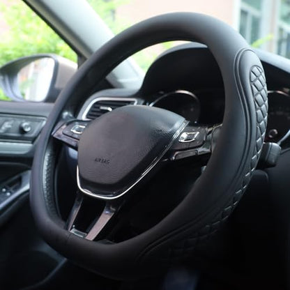 Leather Steering Wheel Cover Compatible with Volkswagen VW Tiguan Atlas ID.4 Taos Golf Passat Jetta Polo Beetle Touareg Cross Sport D Shaped Steering Wheel Accessories, Black 2026