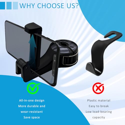 2PCS Car Headrest Hidden Hook, 2 in 1 Rear Headrest Hook with Phone Holder, 360° Rotation Storage Headrest Hanger, Universal Auto Organizer Hook for Purse Handbag Clothes Grocery (Gun Copper)