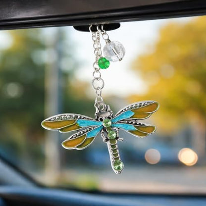Turquoise Dragonfly Rear View Mirror Car Charm - Crystal Sun Catcher for Car - Dragonfly Ornaments for Women