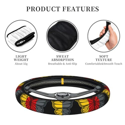 Butterfly German Flag Breathable Neoprene Steering Wheel Cover - Anti-Slip Floral Design Universal Fit for Cars/Trucks/Suvs (14.5"-15" Inch) - color: Butterfly German Flag