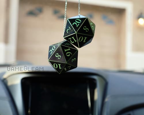 Pair of D20 Car Mirror Dice [2" Black and Green Holographic - "Alien Invasion"] - Handmade hanging car charm rear view mirror danglers - A magical and decorative gift for him or her - GameGleam