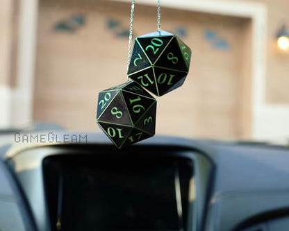 Pair of D20 Car Mirror Dice [2" Black and Green Holographic - "Alien Invasion"] - Handmade hanging car charm rear view mirror danglers - A magical and decorative gift for him or her - GameGleam
