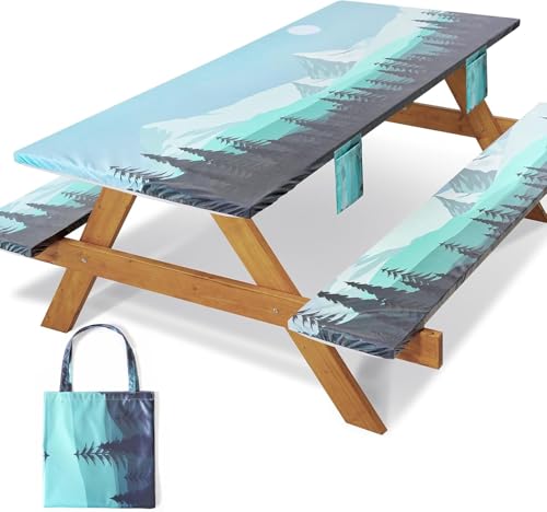 Fitted Picnic Table Cover with Bench Covers Elastic Waterproof Outdoor Camping Tablecloth for 6 Foot Rectangle Tables Camper Summer Accessories Rv Car Essentials Vacation Gifts for Women Men - color: Blue Mountains Rivers, size: 72*30Inch