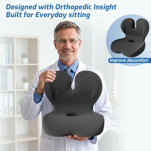 Seat Cushion,Office Chair Cushion with Lumbar Support,Memory Foam Car Orthopedic Cushion,Ergonomic Designed for Long Sitting,Tailbone & Back Pain Relief,Sciatica Pillow for Office,Car,Home Chair