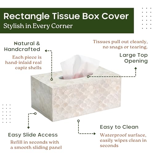 CHI AN HOME Rectangular Capiz Tissue Box Cover, Decorative Mother of Pearl Inlay Tissue Box Holder for Bedroom, Bathroom, Kitchen, and Office, Rectangle Tissue Box Cover White (10.25” x 5.9” x 4.33”) - size: Rectangular