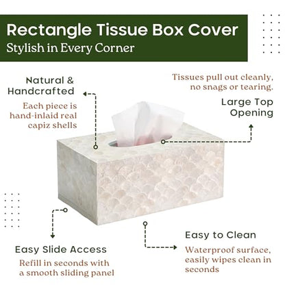 CHI AN HOME Rectangular Capiz Tissue Box Cover, Decorative Mother of Pearl Inlay Tissue Box Holder for Bedroom, Bathroom, Kitchen, and Office, Rectangle Tissue Box Cover White (10.25” x 5.9” x 4.33”) - size: Rectangular