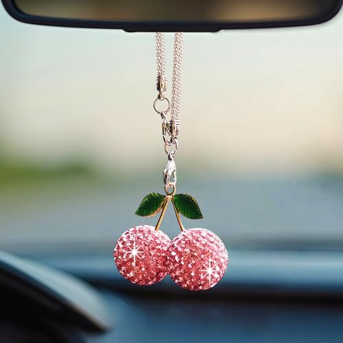 Bling Cherry Car Hanging Ornament, Cute Crystal Rear View Mirror Pendant, Sparkly Diamond Rearview Mirror Charms, Lucky Car Interior Decor Accessories (Pink) - color: Pink Cherry