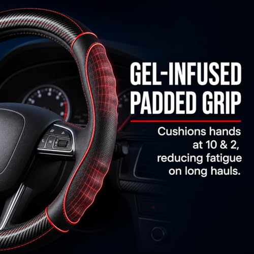 18 Inch Semi Truck Steering Wheel Cover for Freightliner Cascadia, Kenworth T680 T880, Peterbilt 579, Volvo VNL - Anti-Slip Carbon Fiber Grip - Carbon Red - color: Black Red