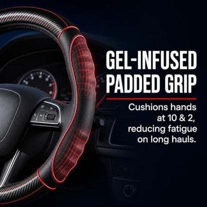 18 Inch Semi Truck Steering Wheel Cover for Freightliner Cascadia, Kenworth T680 T880, Peterbilt 579, Volvo VNL - Anti-Slip Carbon Fiber Grip - Carbon Red - color: Black Red