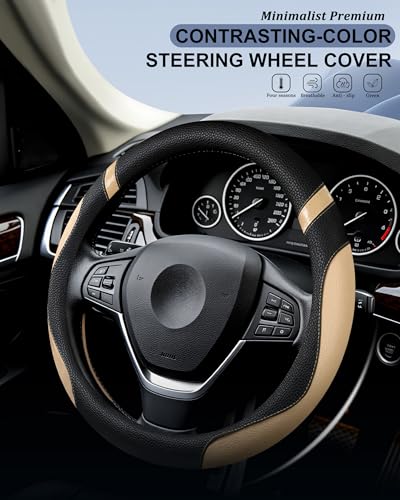 Steering Wheel Cover for Car Leather Universal Steering Wheel Covers for Men Women Fit Cars SUV Truck Pickup 15inch (Beige) - color: beige