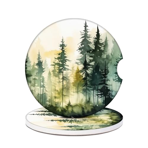 Misty Forest Car Coasters for Cup Holders, 2 Pack Absorbent Ceramic Car Cup Coasters Interior Accessories 2.56 Inch for Women Men - color: Misty Forest