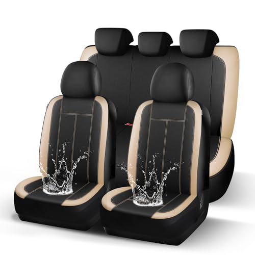 HChengkikz Car seat Covers Full Set, Waterproof Neoprene Seat Covers, Airbag Compatibable, Universal Automotive Comfort Protection for Most Cars, Trucks, SUVs (Black + Beige) - color: N816 Black Beige, size: Full Set