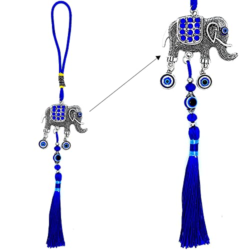 LUCKBOOSTIUM Evil Eye Elephant Keychain with Blue Tassels - Decorative Evil Eye Keychain for Blessing and Goodluck - Elephant Bag Charm, Rear View Mirror Accessories, Office & Home Decor (6”x12”) - color: Elephant Tassel 2