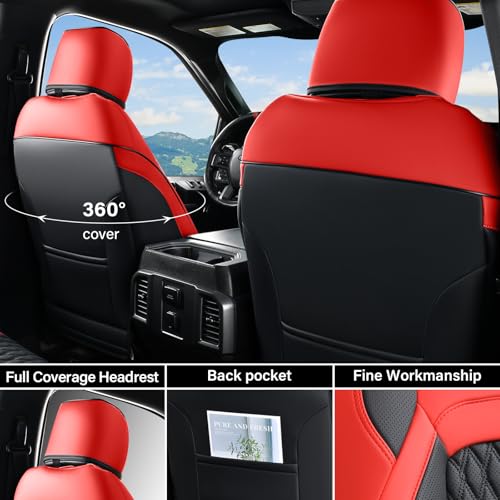 Coverado Chevy Chevrolet Silverado GMC Sierra Seat Covers Full Set, Custom Fit for 2014-2018 1500, 2015-2019 2500HD 3500HD Crew Double Extended Cab Truck, Faux Waterproof Leather Seat Covers (Red) - color: Red, size: FullSet(2014-2018)